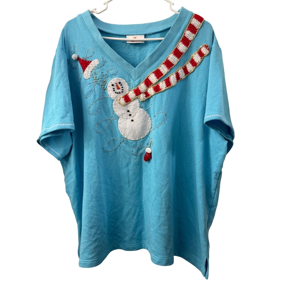 Quacker Factory Blue Snowman Applique Short Sleeve Sweatshirt V-Neck XL
